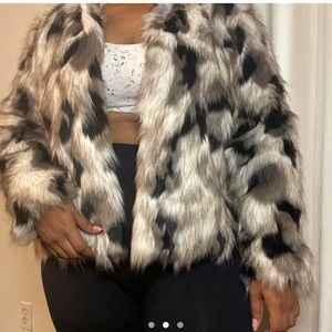 Black, white, grey faux fur coat